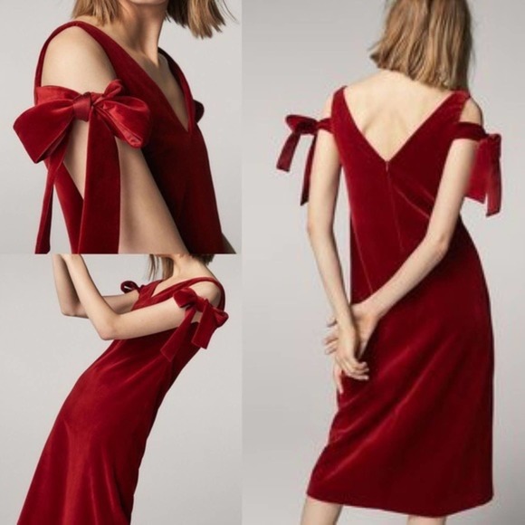 Mossimo Dutti Limited Edition Red Velvet Tie Sleeve Midi Dress NWT Women’s Sz 6 - Picture 1 of 10